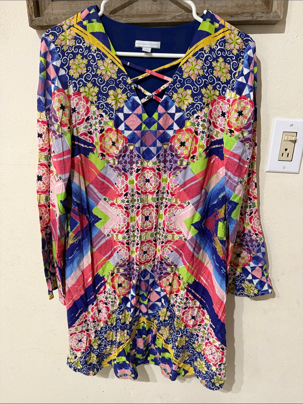 New York & Company Multi Crisscross V-Neck Tunic Top